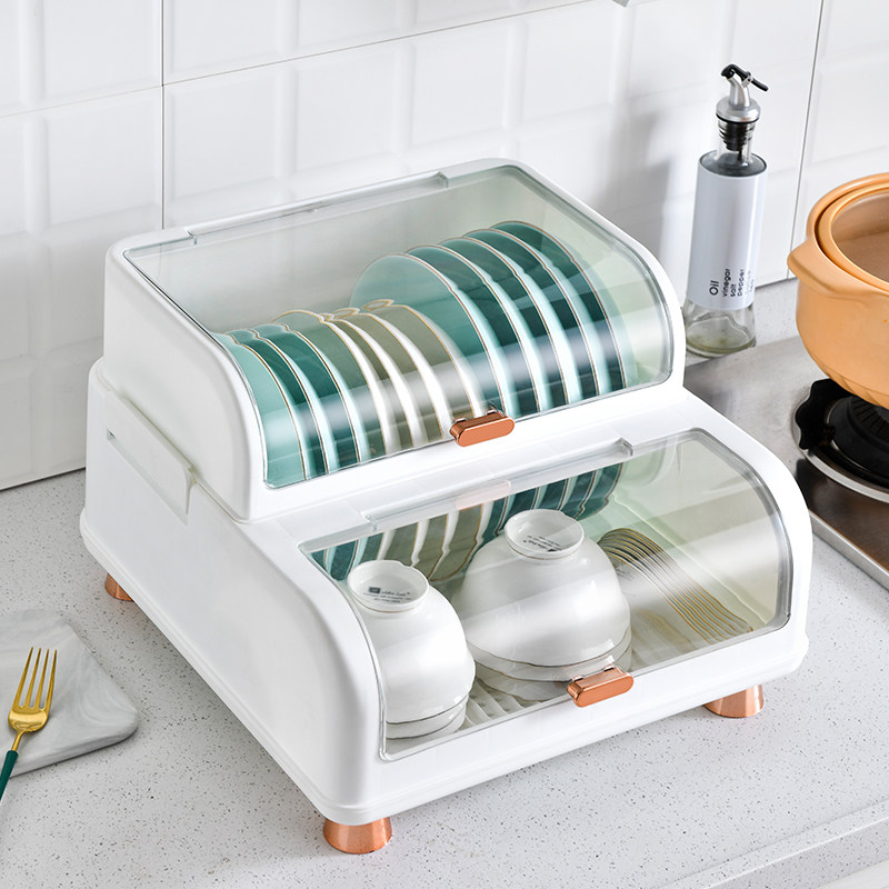 家用厨房放碗两层简易碗架沥水架碗柜收纳碗盘碗碟神器带盖防尘盒
