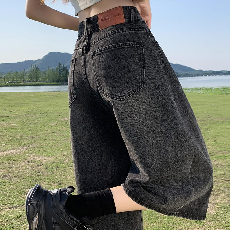高腰阔腿七分牛仔裤女夏新款胖mm大码梨型身材显瘦短裤烟灰色裤子