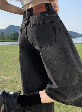 高腰阔腿七分牛仔裤女夏新款胖mm大码梨型身材显瘦短裤烟灰色裤子