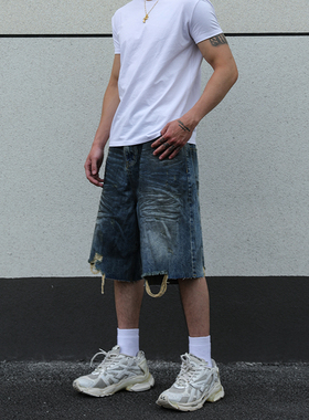 unknowable美式高街水洗做旧破坏磨边流苏牛仔裤男女宽松短裤子