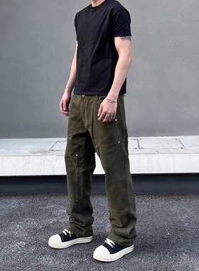 unknowable美式复古军绿色牛仔裤男款春秋季潮牌痞帅伐木工装长裤