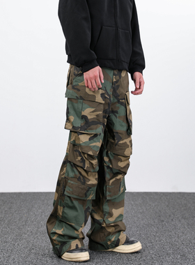 UNNKNOWABLE美式复古巴黎风迷彩多口袋机能工装裤宽松高街长裤