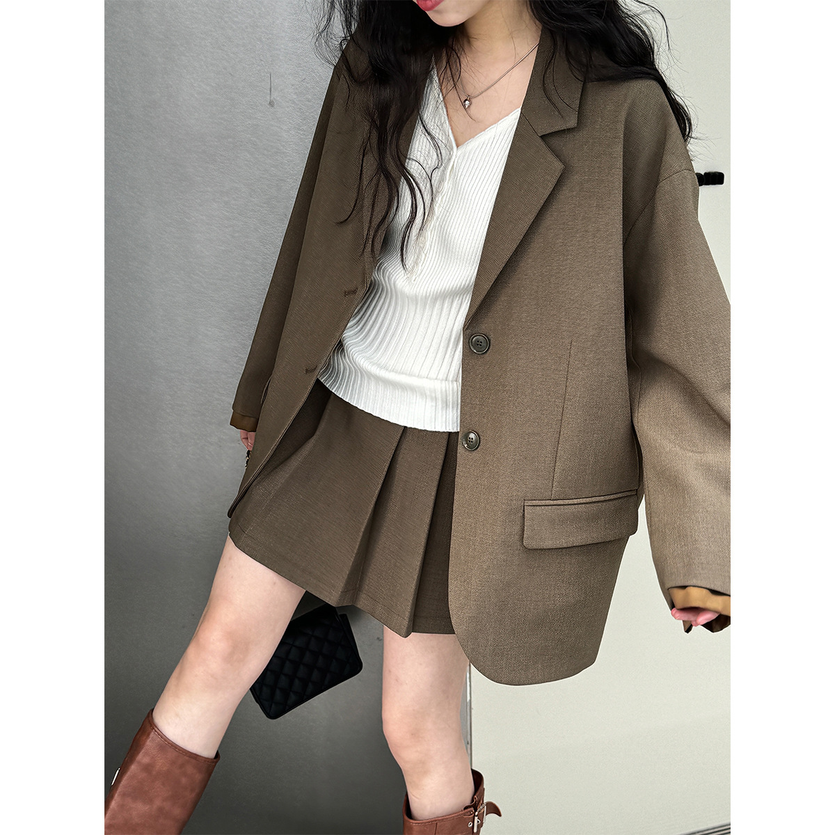 Luxe韩系高级感休闲西服女袖口拼接西装外套+百褶半身裙套装