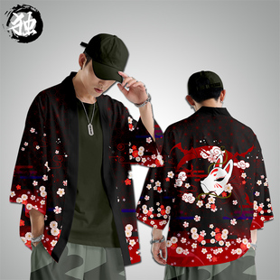 道袍古风男防晒衬衫 潮牌稻荷神狐狸面具和服彩绘狐妖日式 羽织套装