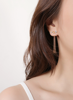 Cottiny卡兔妮韩版小众设计轻奢玫瑰镶钻镀金纯银流苏耳环SEB1021