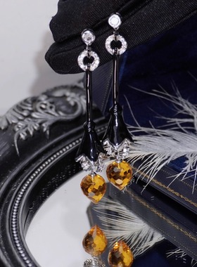 Selfish|吊钟海棠|黑珐琅黄水晶色石英石珍珠长款新中式耳环耳钉