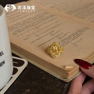 黄金点钻鎏金花窗桂花戒指999足金镶嵌莫桑钻戒纯金花朵戒指显大