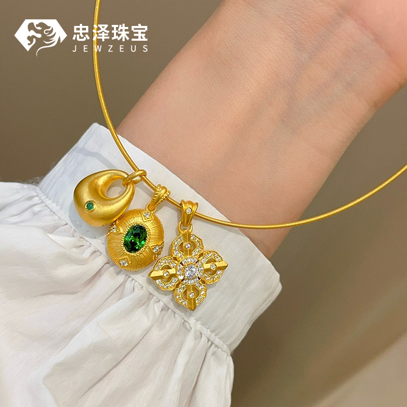 黄金招财镶嵌貔貅金刚杵吊坠999足金黄财神金坨坨项圈送女友礼物