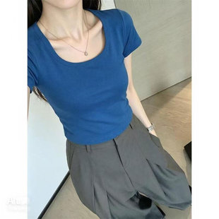 韩系chic方领正肩短袖T恤女夏季基础款简约气质修身短款辣妹上衣