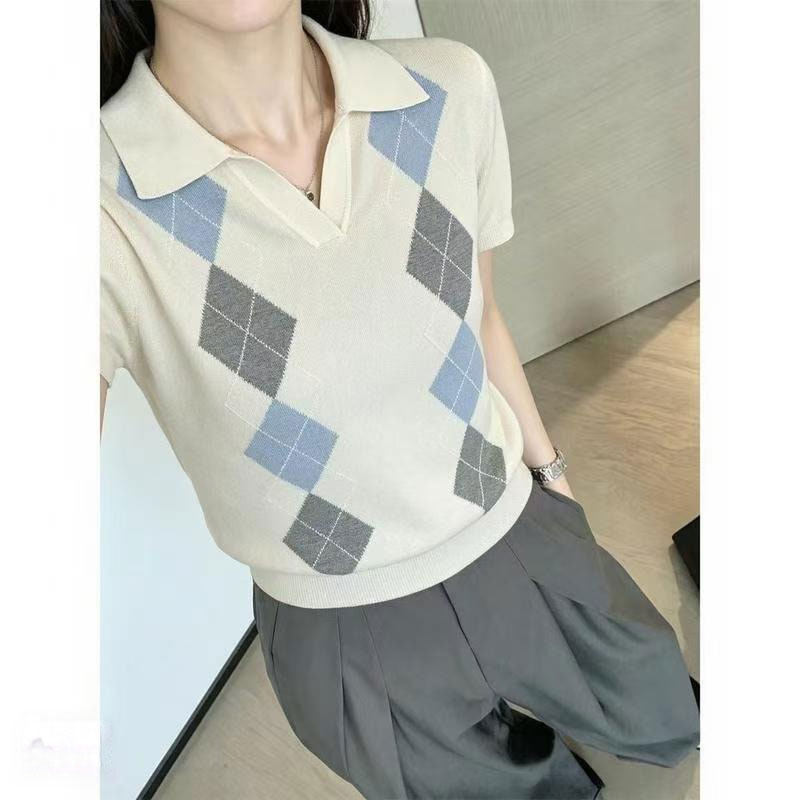 复古菱格拼色POLO衫短袖T恤女夏季韩系chic学院风小个子针织上衣