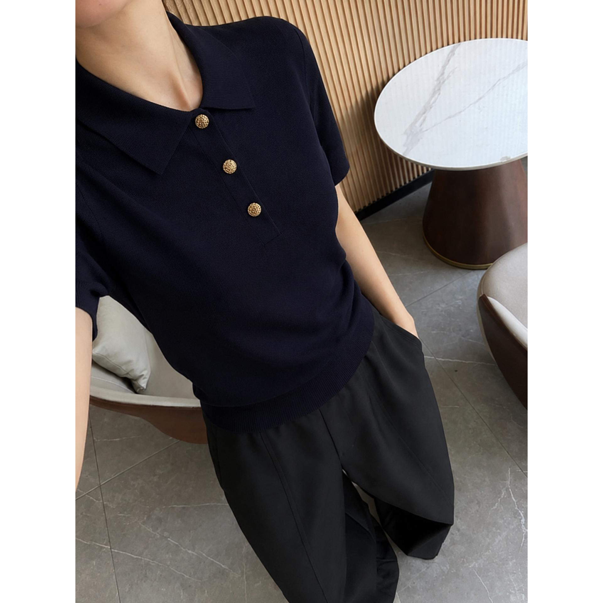 老钱风复古藏青色polo领针织衫女夏季正肩T恤百搭套头气质上衣薄