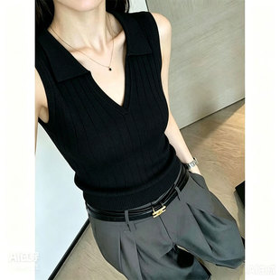 高级感老钱风气质v领针织无袖背心女夏修身显瘦POLO领坎肩小上衣