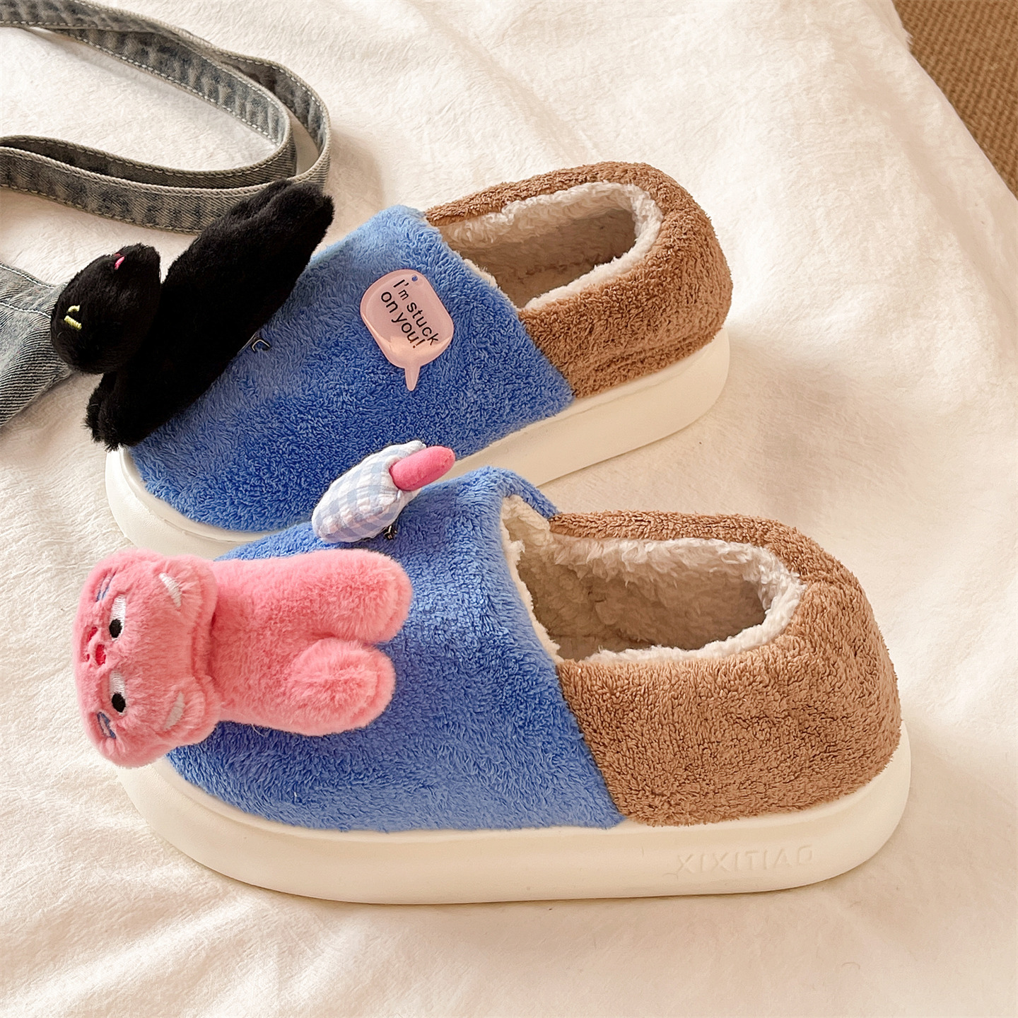 可爱猫咪兔子撞色包跟棉鞋