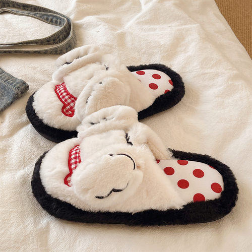 可爱波点小狗软底防滑棉拖鞋