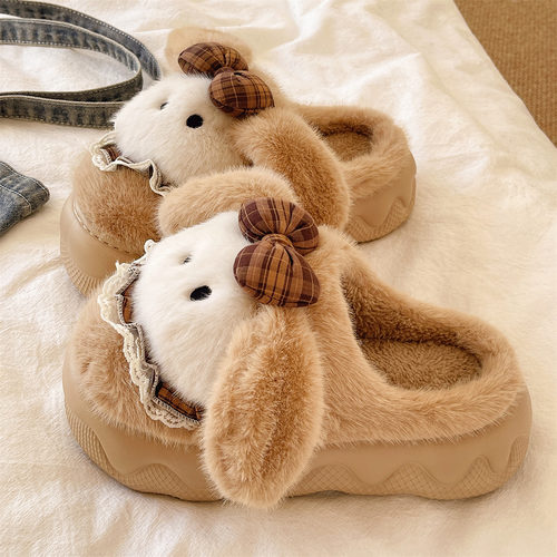 可爱蝴蝶结小狗厚底毛毛鞋