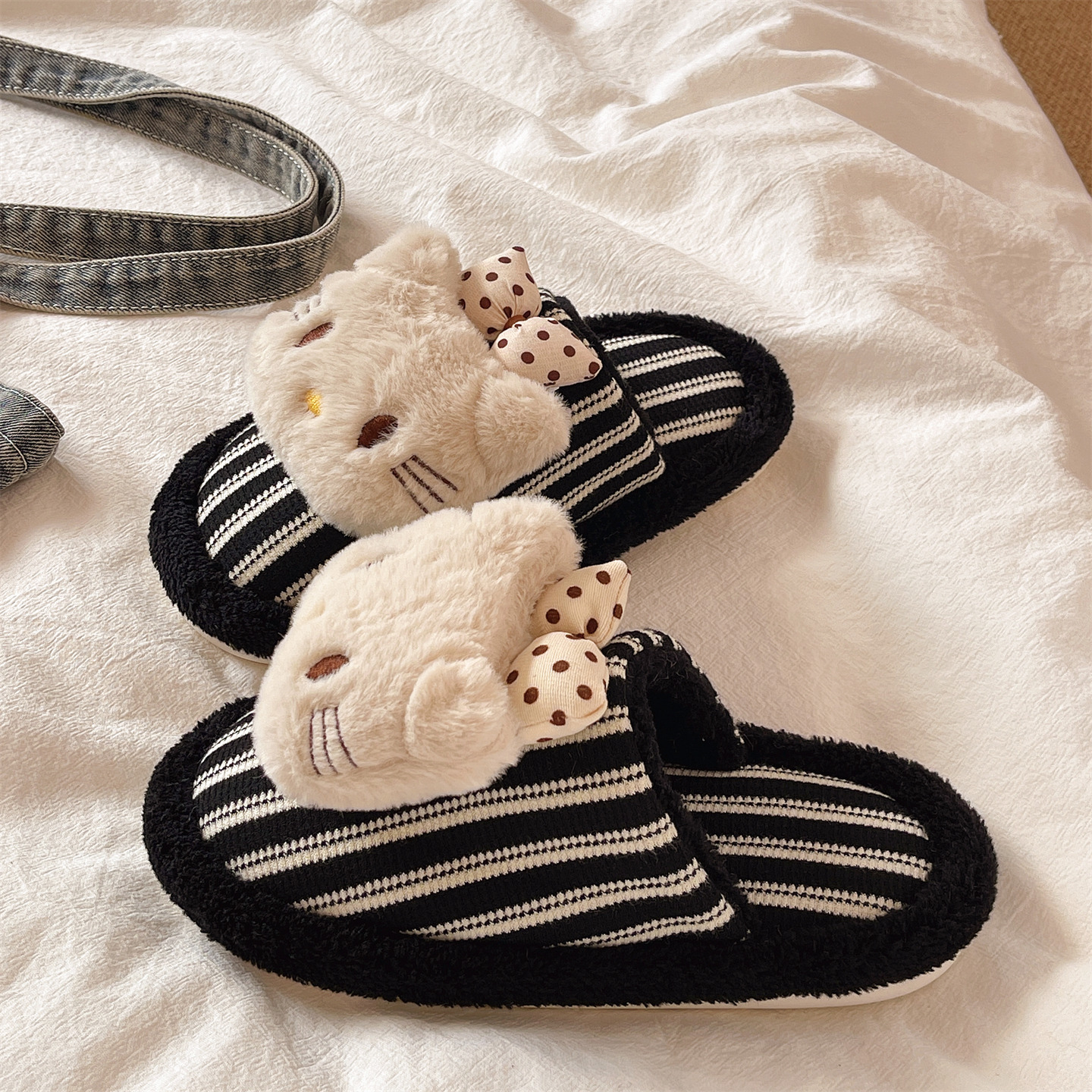 可爱蝴蝶结猫咪条纹棉拖鞋
