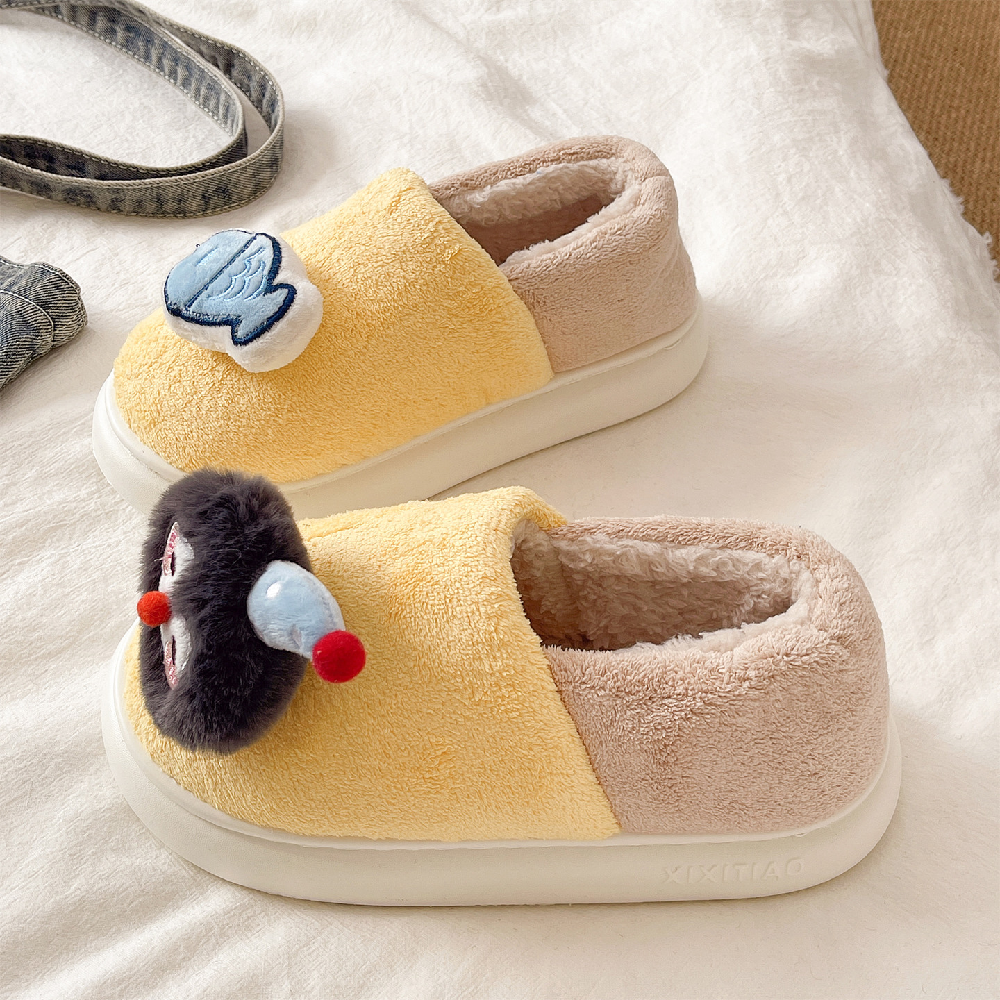 可爱企鹅小鱼厚底包跟棉拖鞋