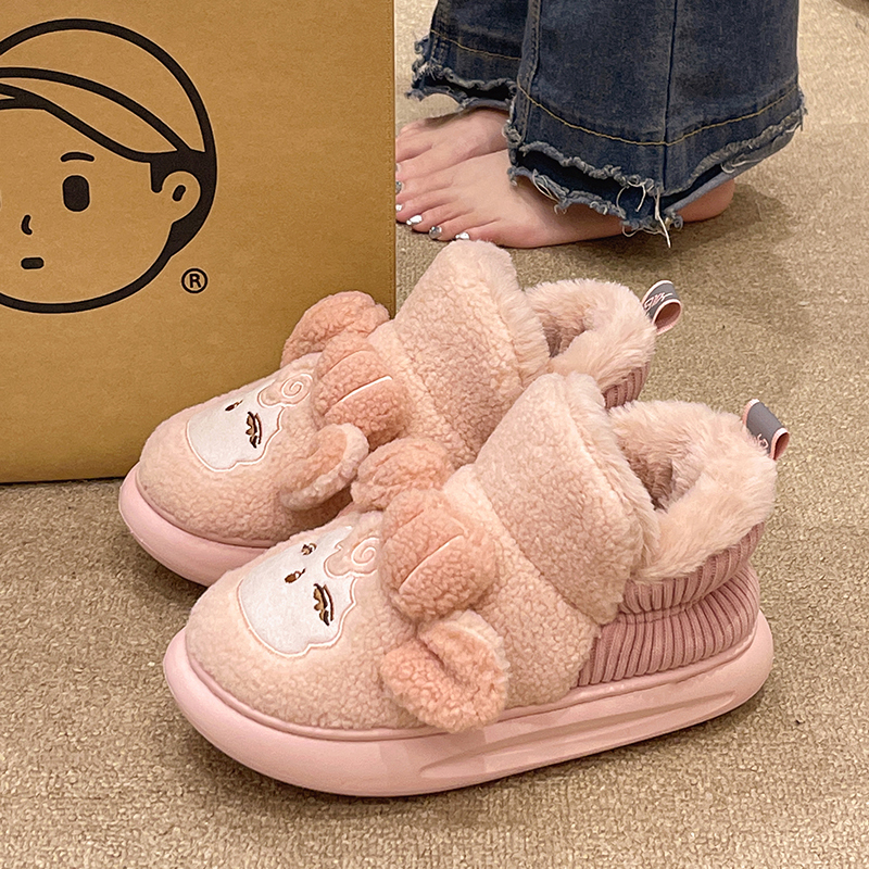 可爱绵羊加绒高帮棉拖鞋
