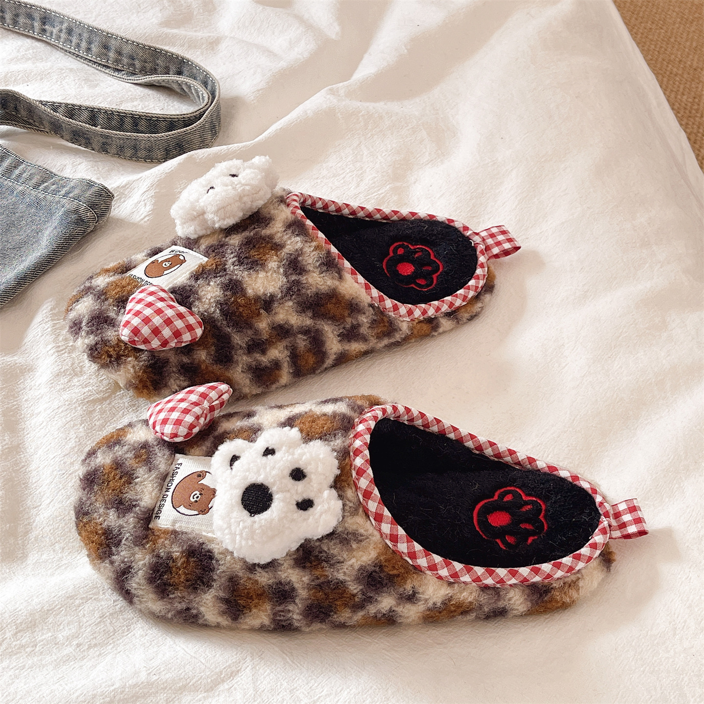 可爱熊爪豹纹软底保暖棉拖鞋