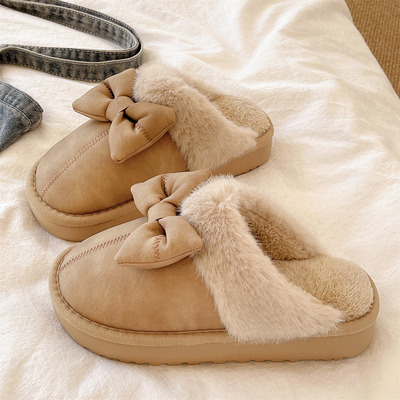 可爱蝴蝶结防水厚底毛毛拖鞋