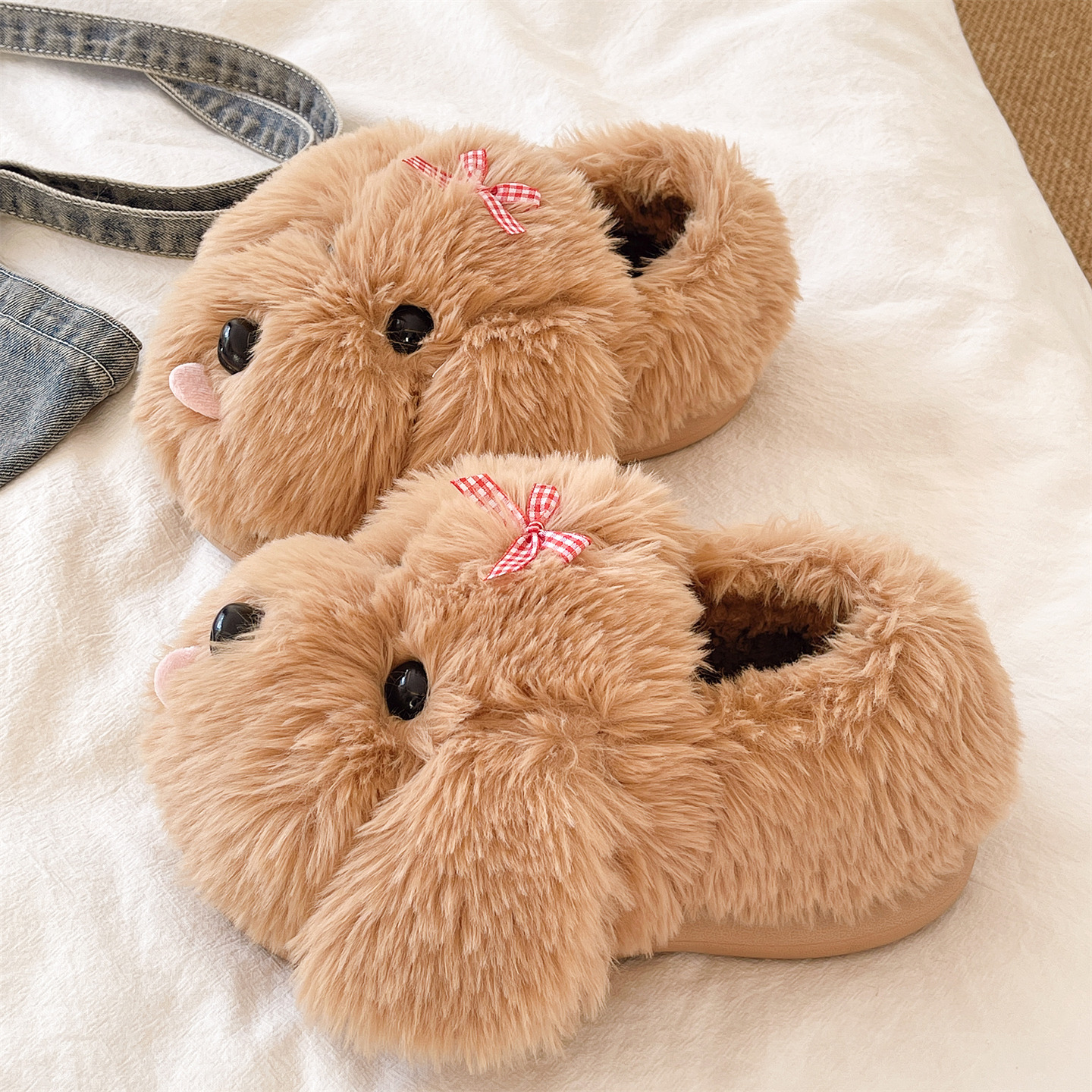 蝴蝶结小狗厚底包跟棉拖鞋