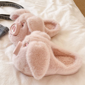 棉拖鞋 居家室内防滑厚底毛绒可爱小猪保暖半包跟月子拖鞋 女款 冬季