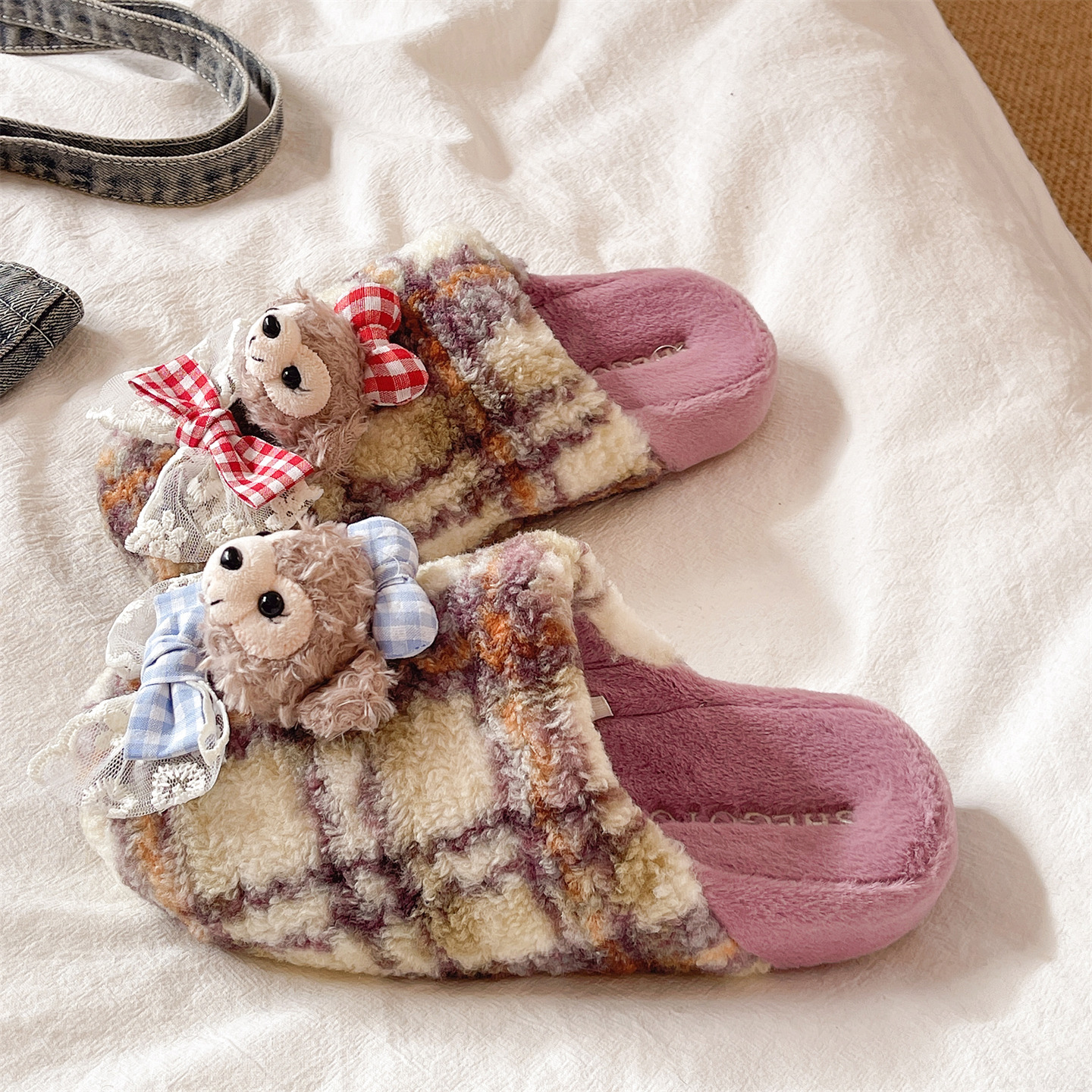 可爱蝴蝶结小熊格子棉拖鞋