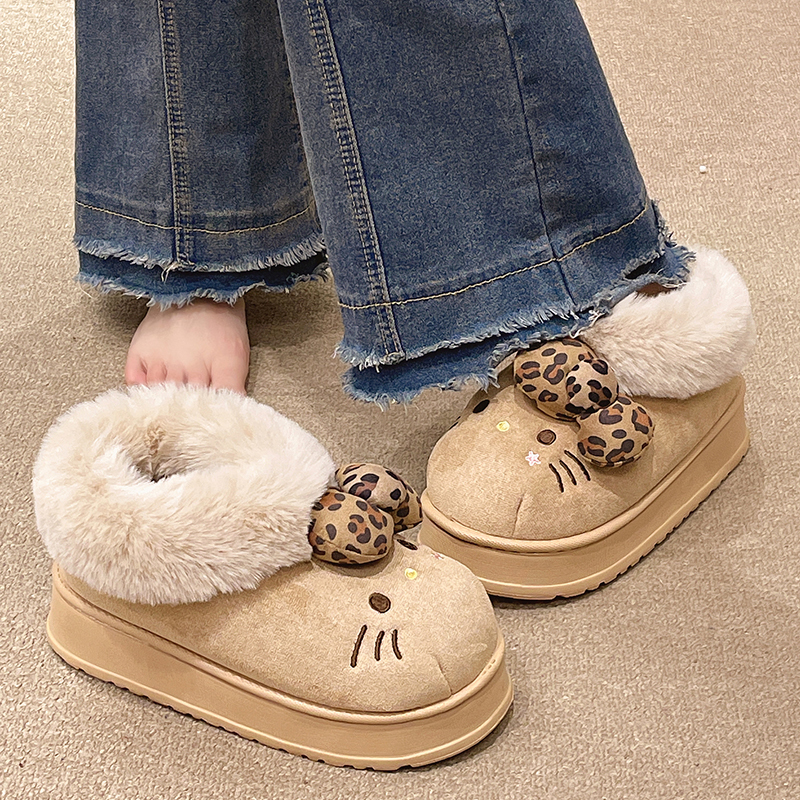 可爱蝴蝶结猫咪厚底包跟棉鞋