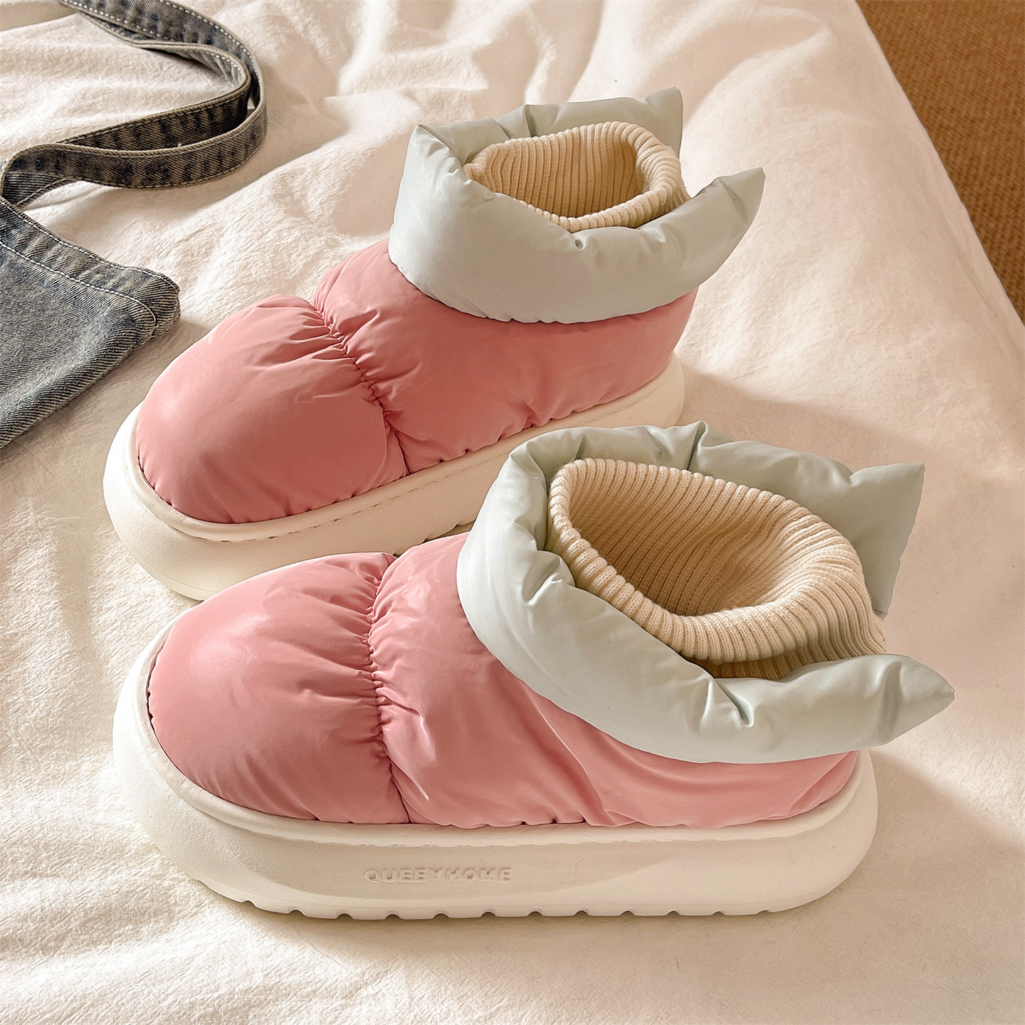 高帮防水棉拖鞋女款冬季居家包跟加绒加厚保暖厚底防滑外穿雪地靴