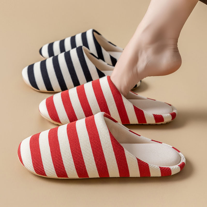 简约条纹情侣软底保暖棉拖鞋