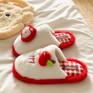 加绒保暖毛绒可爱樱桃苹果防滑外穿包头棉拖鞋 新款 女冬季 毛毛拖鞋