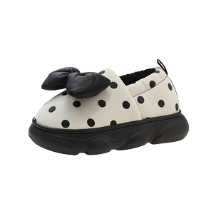 棉拖鞋女款冬季可爱蝴蝶结PU皮防水厚底防滑加绒保暖居家包跟棉鞋