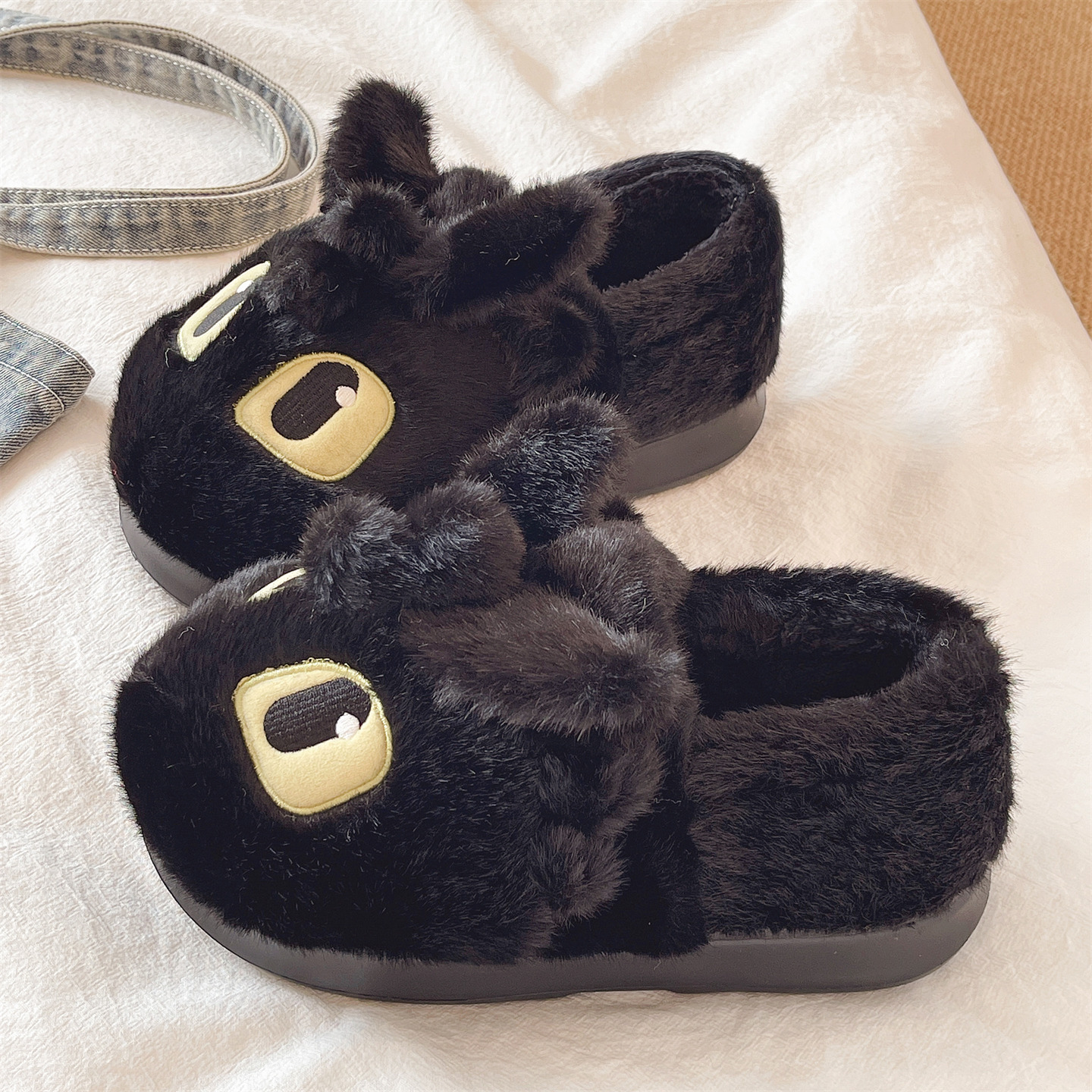 可爱无芽仔厚底包跟棉拖鞋