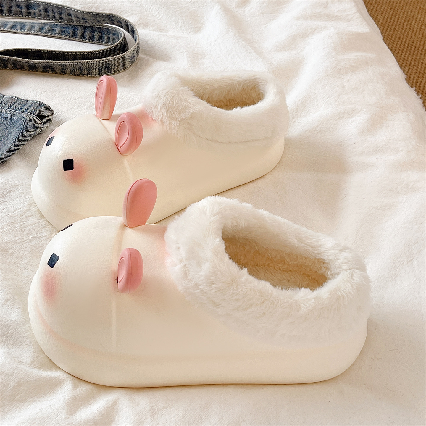 可爱兔子厚底防水包跟棉拖鞋