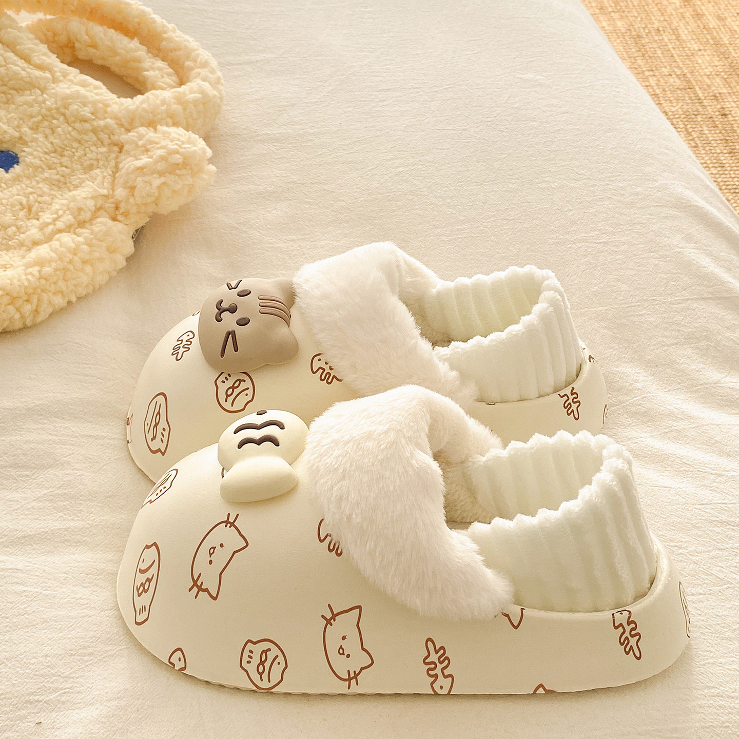 棉拖鞋女士冬季加绒保暖室内外穿可拆卸防水可爱猫鱼印花包跟棉鞋,女鞋,毛毛鞋,淘宝优惠券,粉丝福利购,淘宝优惠卷