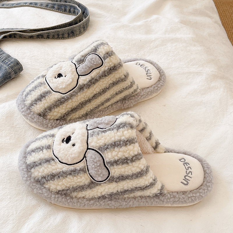 可爱线条小狗软底条纹棉拖鞋
