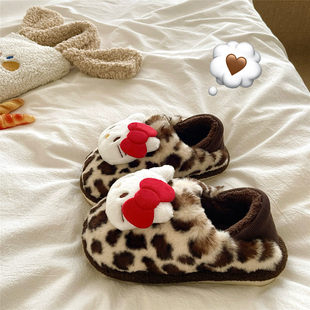 包跟棉鞋女款冬季居家室内保暖加绒防滑可外穿可爱豹纹kt猫棉拖鞋