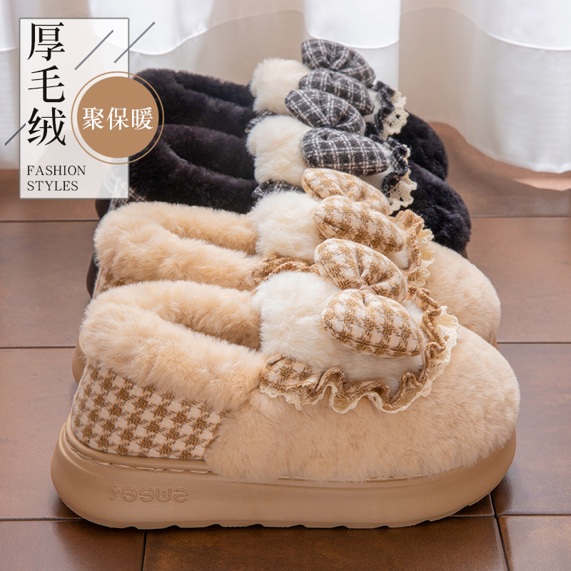 可爱蝴蝶结厚底包跟棉拖鞋