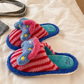 室内居家保暖毛绒防滑可爱猫咪撞色条纹包头棉拖鞋 毛毛拖鞋 女冬季