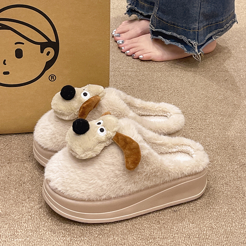 可爱小狗厚底高跟毛绒保暖棉拖鞋