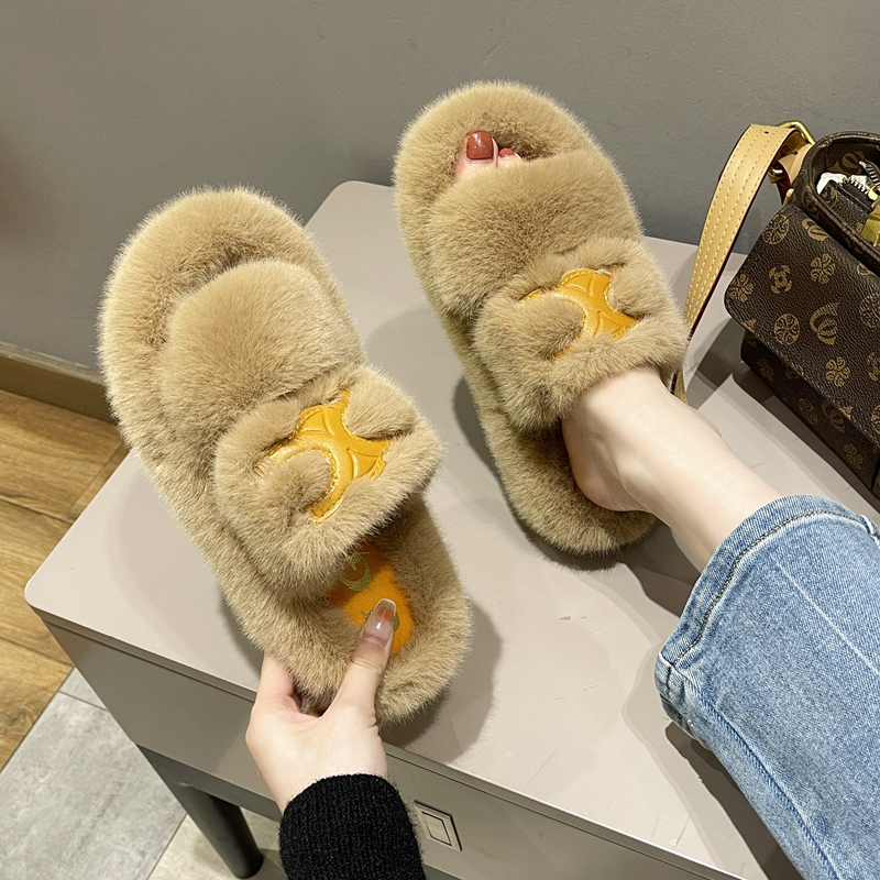 时尚韩版毛毛毛绒厚底一字拖