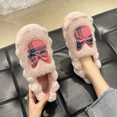 男 居家用室内可爱蝴蝶结毛绒包跟保暖月子棉鞋 厚底棉拖鞋 女秋冬季