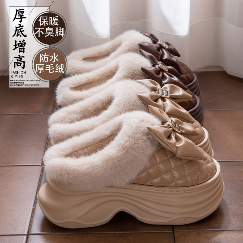时尚蝴蝶结厚底高跟棉拖鞋