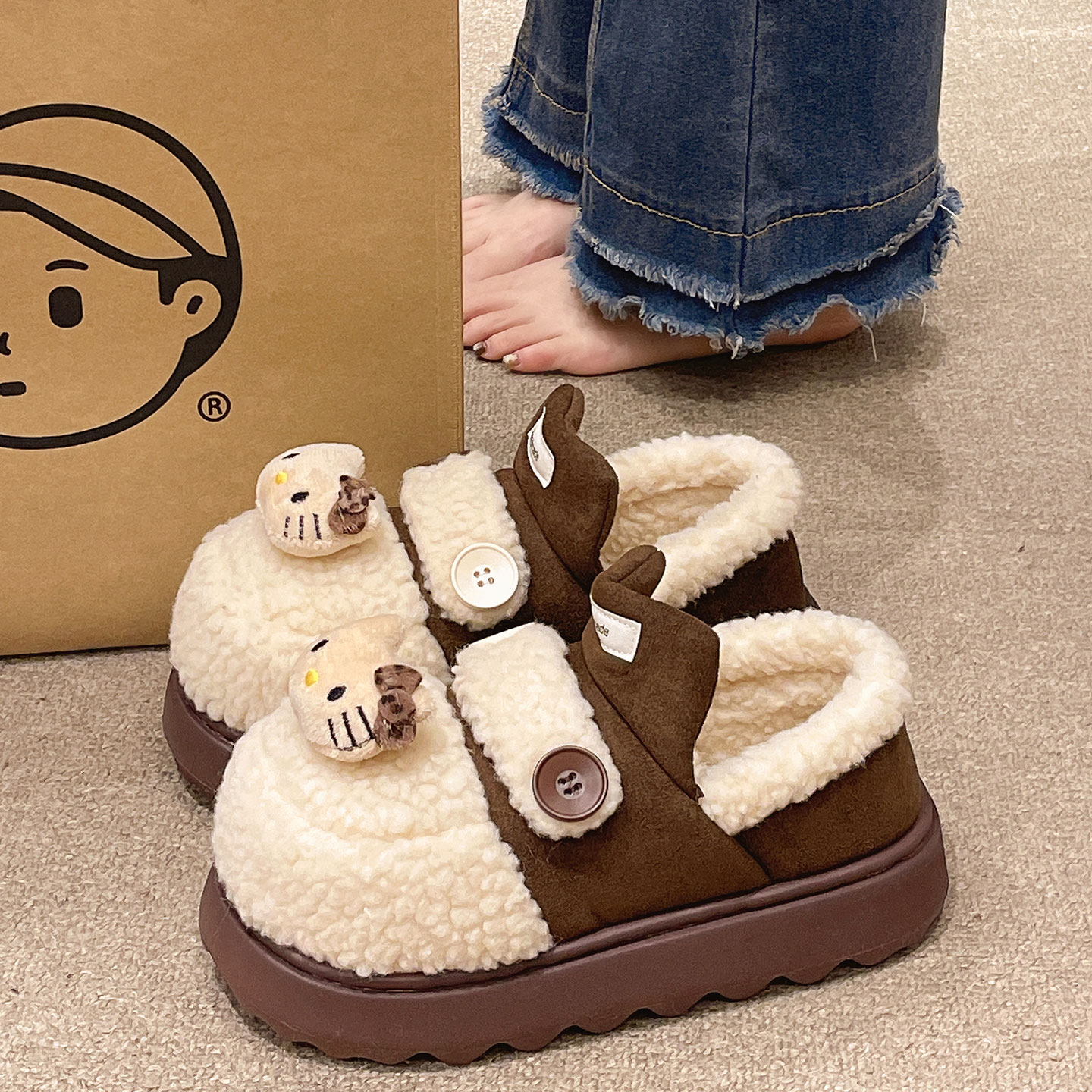 可爱猫咪纽扣加绒包跟棉鞋