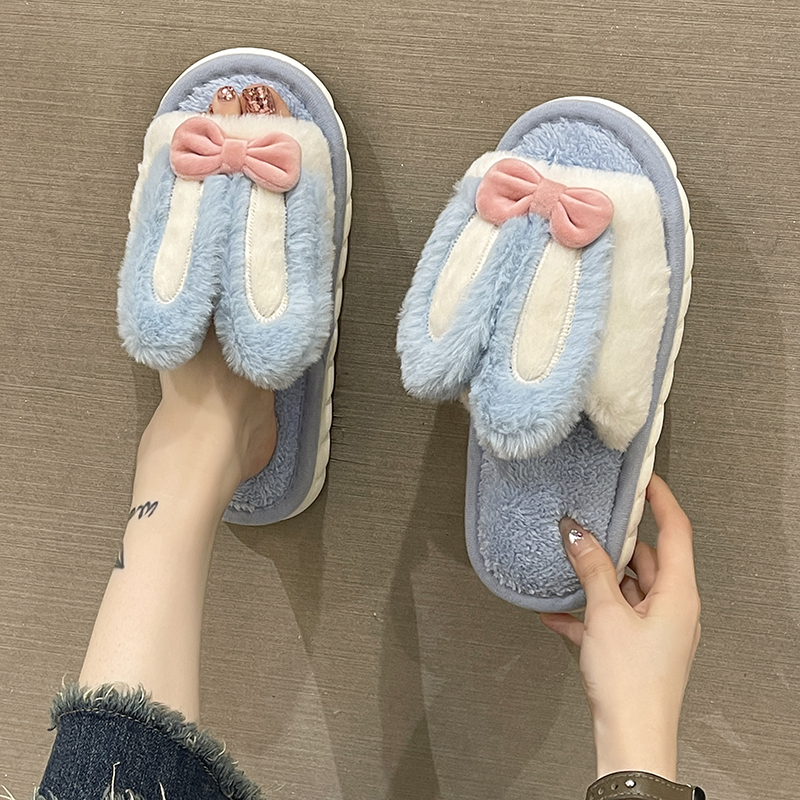 新款可爱兔耳朵毛毛拖鞋女2025秋冬季毛绒保暖室内居家一字棉拖鞋