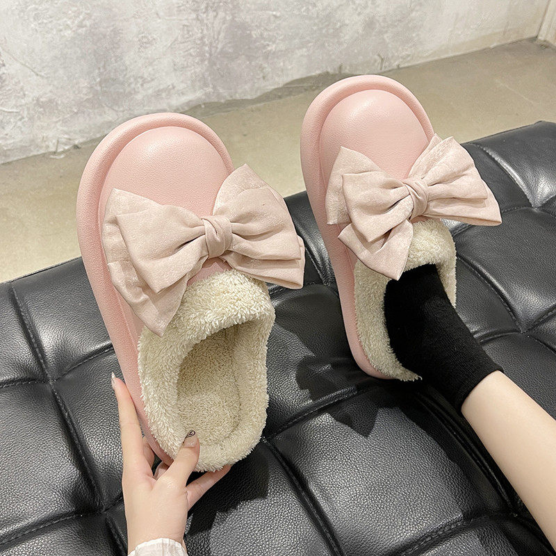 蝴蝶结居家用棉拖鞋女士冬天室内防滑厚底情侣毛绒防水拖鞋秋冬季