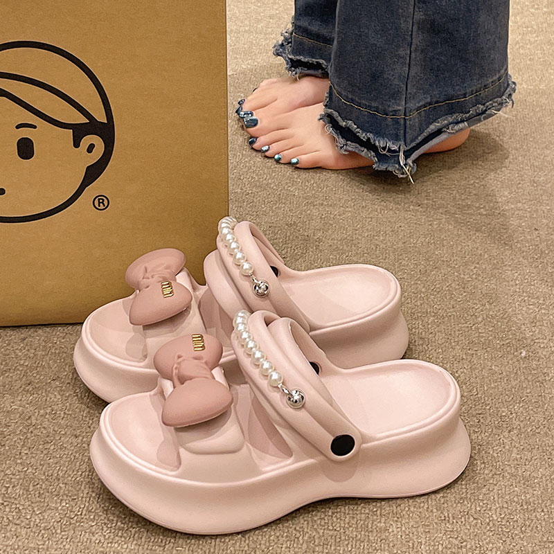 时尚两穿凉鞋女夏季室内外穿珍珠蝴蝶结防滑厚底增高踩屎感凉拖鞋