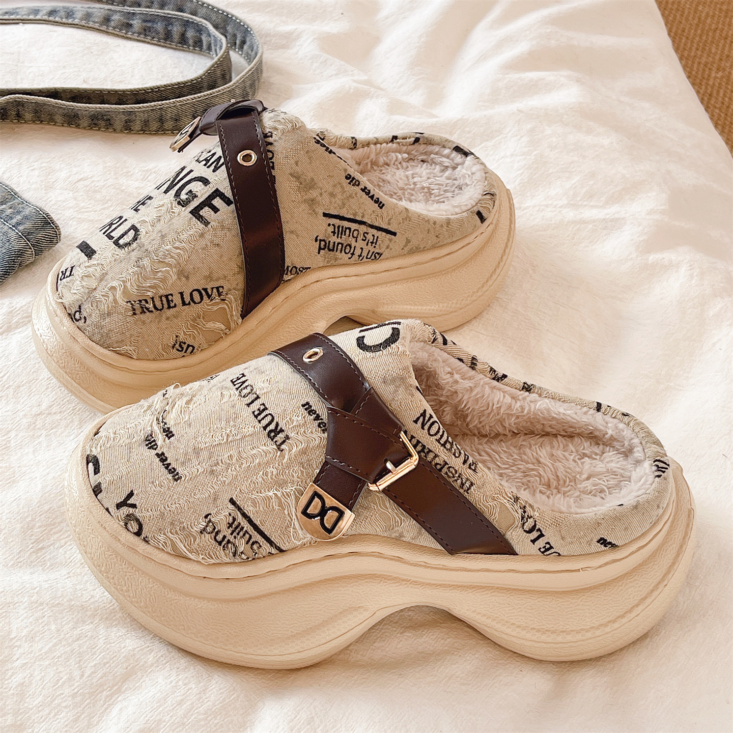 时尚字母皮带扣高跟棉拖鞋