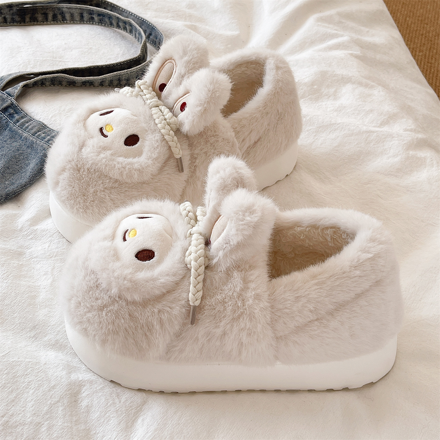 可爱兔子厚底保暖包跟棉拖鞋