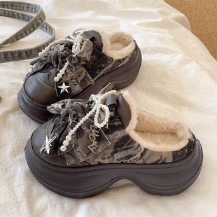 棉拖鞋 女冬季 时尚 珍珠加绒保暖室内居家厚底增高防滑包头毛毛拖鞋